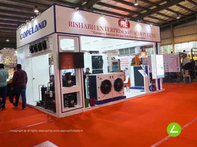 Commercial Kitchen Equipment Exhibition Stall Design at Khadya Khorak Expo Gandhinagar — 30 sqm 4 side open trade show booth for Rishabh Enterprise at Khadya Khorak Expo 2023, 2023