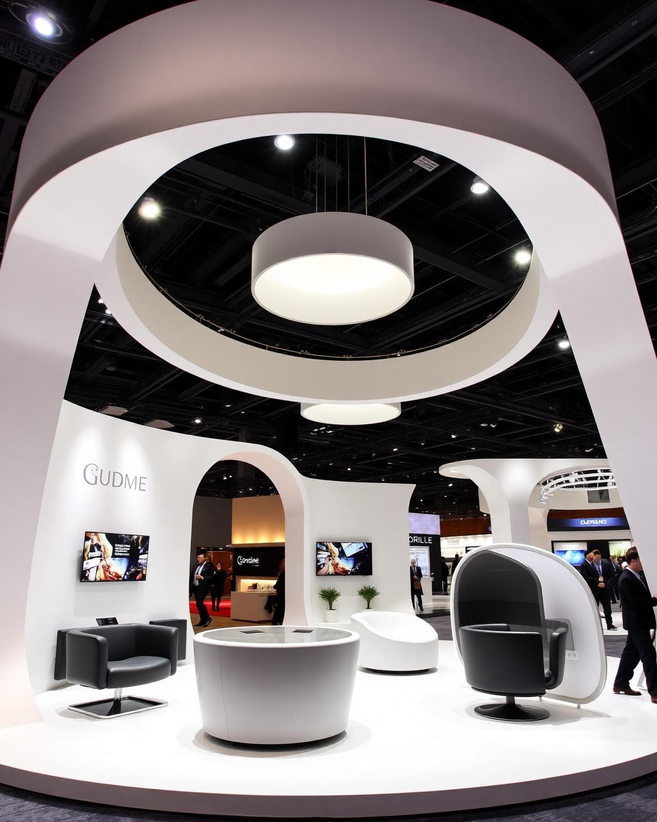 Modern white custom exhibition stall with lounge