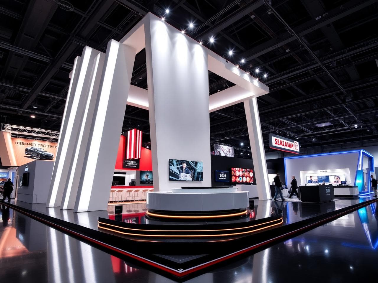 Bold geometric exhibition booth with LED fins