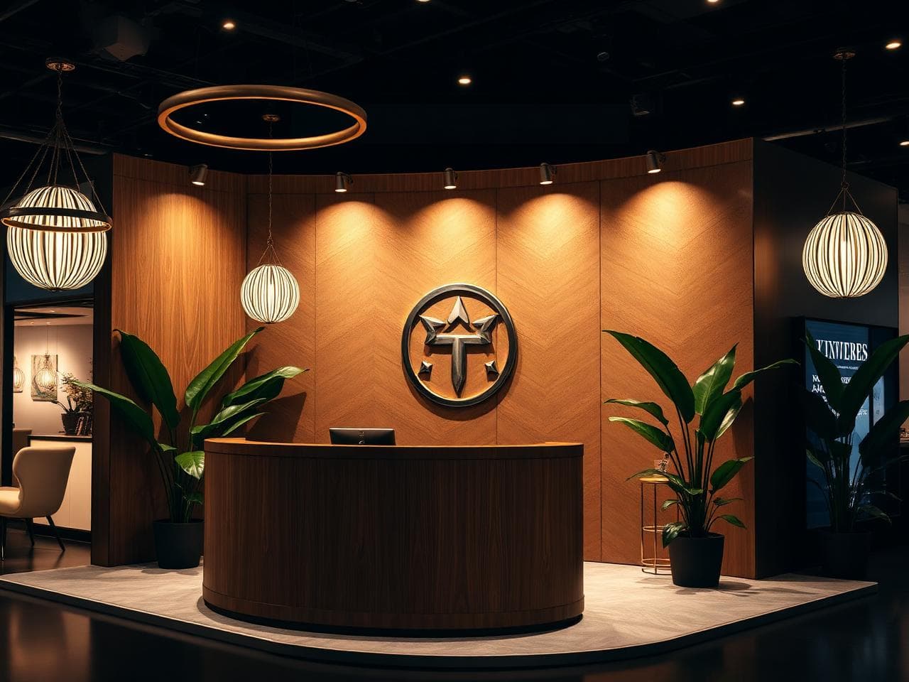 Luxury reception with wood paneling and ring light