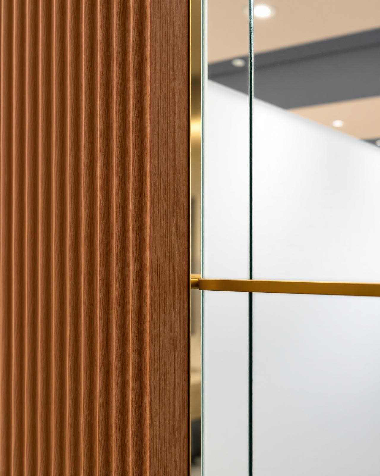 Detail of fluted wood, brushed brass and backlit glass on a premium stall